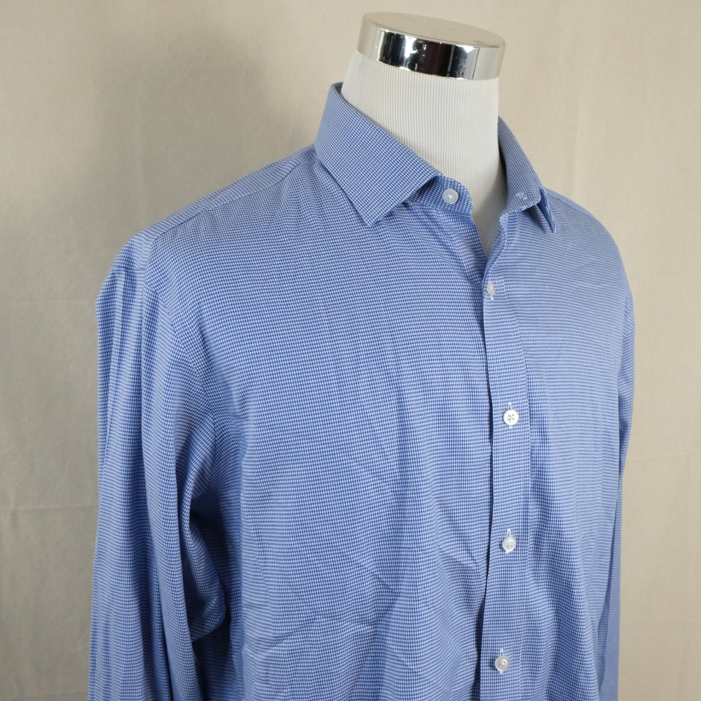 TM Lewin 17.5 36 Fitted Dress Shirt Blue Houndstooth Non-Iron French Cuff Mens